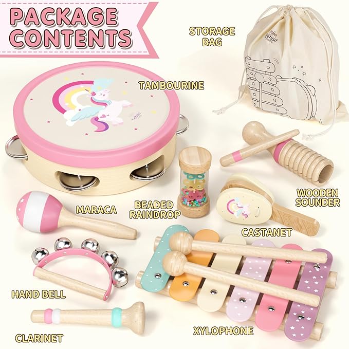 Baby Musical Instruments for Toddlers 1-3, Montessori Wooden Toys for 1 Year Old, Xylophone Maracas Percussion Set with Storage Bag, Learning Toys for Boys Girls Age 2-4, Christmas Birthday Gift, Pink