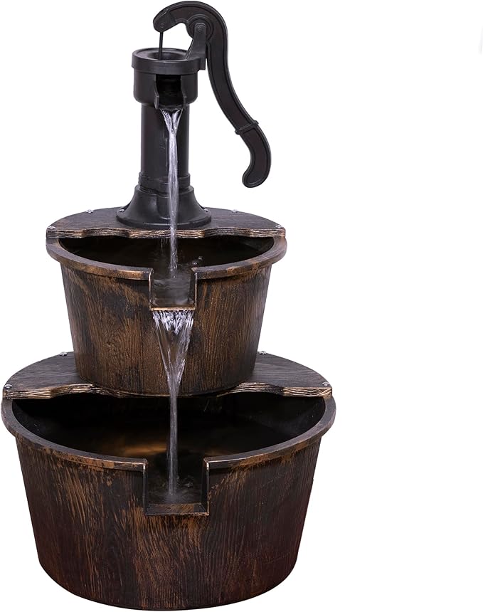 Alpine Corporation - Outdoor Rustic 2-Tiered Barrel and Pump Water Fountain – Bronze Finish, Relaxing Water Flow, Ideal for Garden, Patio, & Yard Décor, 27"H