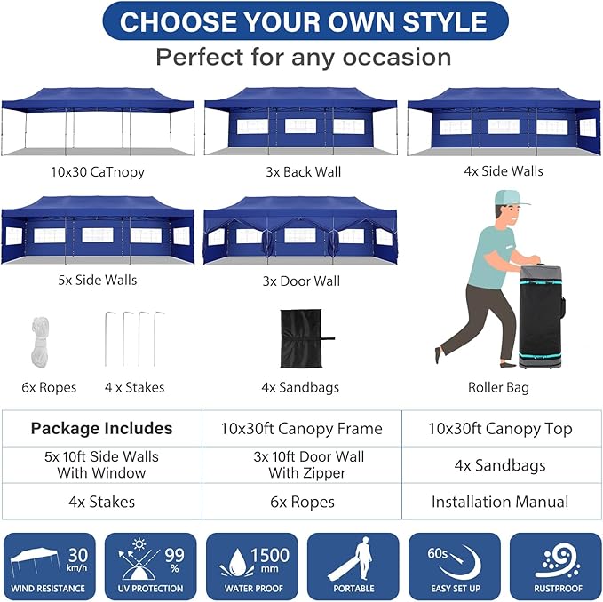 COBIZI 10x30 Pop up Canopy Heavy Duty with 8 Sidewalls, Easy Set-up Commercial Outdoor Party, 100% Waterproof Wedding Canopy Gazebo, 3 Height Adjustable with Wheeled Bag, Dark Blue