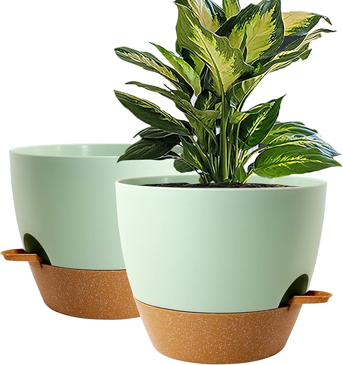 WOUSIWER 10 inch Self Watering Planters, 2 Pack Large Plastic Plant Pots with Deep Reservior and High Drainage Holes for Indoor Outdoor Plants and Flowers, Green with Terracotta