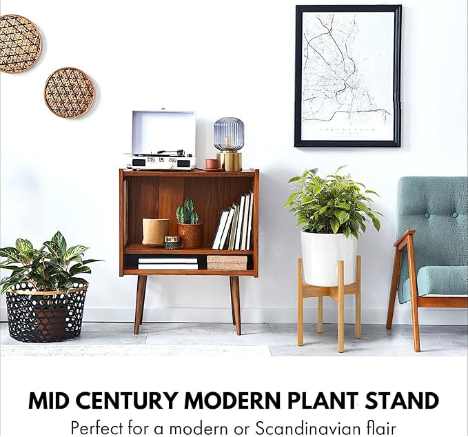 Fox & Fern Bamboo Plant Stand — 8 Inch Fixed Size Mid Century Plant Stand for Indoor Pots; Raised Flower Pot Holder for Indoors; Plug In Design; Two Height Options; Easy to Assemble - Bamboo