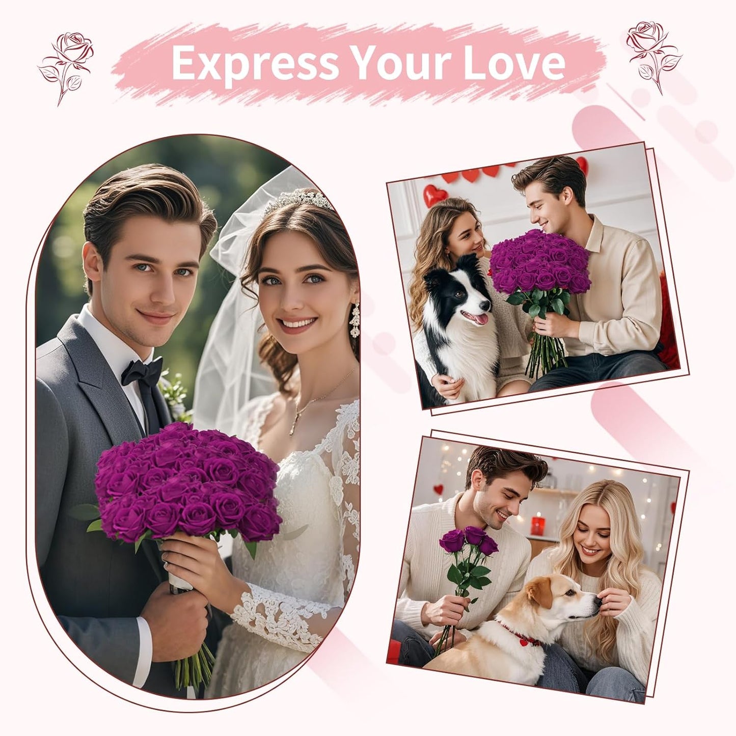 102 PCS Fake Roses Artificial Flowers Bulk, Purple Roses Bridal Bouquet Silk Faux Rose with Stems for Wedding Flowers Decoration, Valentine's Day, Bridal Bouquet,Anniversary,Home Decor (102PCS,Purple)