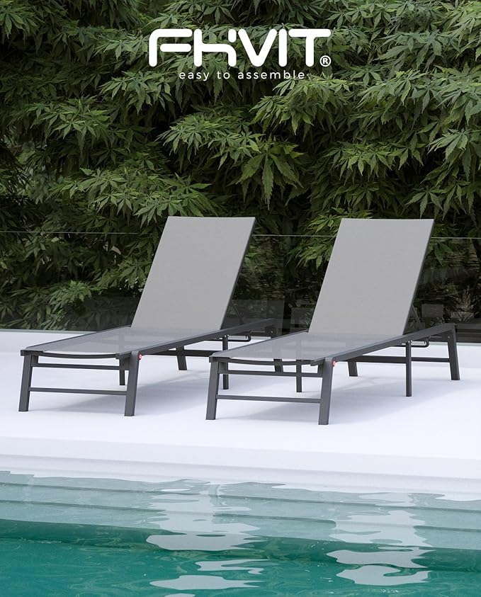 Aluminum Chaise Lounge Chair Outdoor, Foldable Patio Lounge Chair 2 Sets Assemble-Free, Pool Lounge Chairs with 5 Adjustable Backrest, Outdoor Lounge Chairs for Outside Poolside Beach Lawn Grey