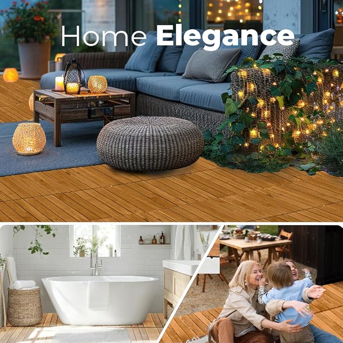 Pack of 10 Deck Tiles - 12"x12" Interlocking Natural Solid Acacia Wood for Outdoor & Indoor, Patio Garden, Balcony, Poolside - Teak Color