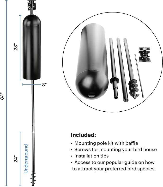 WHITEHORSE Bird House Pole with Baffle- A Professional Squirrel Proof Bird Feeder Pole - Very Sturdy Against Strong Winds - Bird House Poles for Outdoors - Pole for Bird Feeders - Bluebird House Pole
