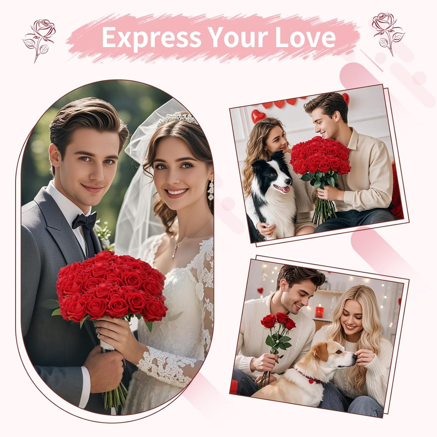 102 PCS Fake Roses Artificial Flowers Bulk, Red Roses Bridal Bouquet Silk Faux Rose with Stems for Wedding Flowers Decoration, Valentine's Day, Bridal Bouquet, Anniversary,Home Decor (102PCS, Red)