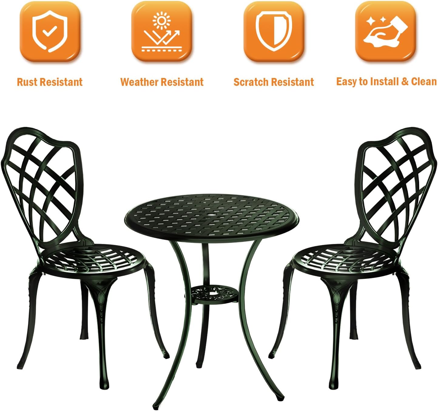 3 Piece Patio Bistro Set, Outdoor Bistro Table and Chairs Set of 2 w/Umbrella Hole, Rust-Resistant Cast Aluminum Bistro Set for Garden/Balcony/Backyard, Green