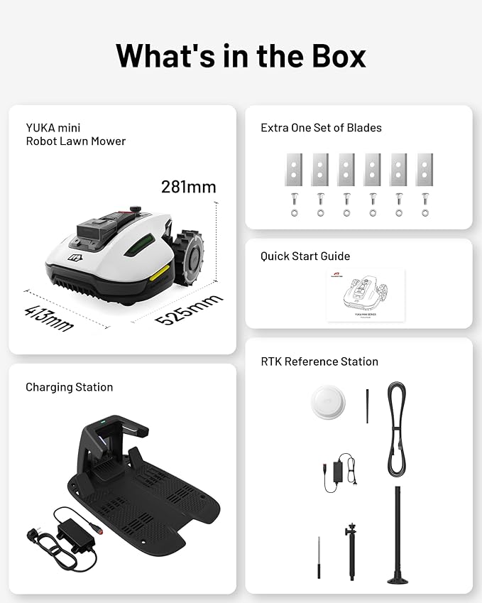 YUKA Mini 500H Robotic Lawn Mower Reception 0.12 Acre,Max. 0.17 Acre, Ultrasense AI Vision+ RTK Positioning, Auto Mapping, App Control, 50% Slope, Cutting Height 2''~3.5'', 15 Mowing Zones