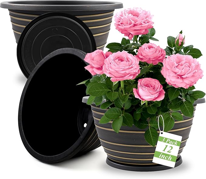 KPUVX12 inch pots for Plants, 3 Pack Large-Planter-Indoor-Outdoor,Plastic Flower Pots with Saucer and Drainage Holes, Retro Antique Imitation Decorative Garden Containers Sets for Houseplant(Gold)