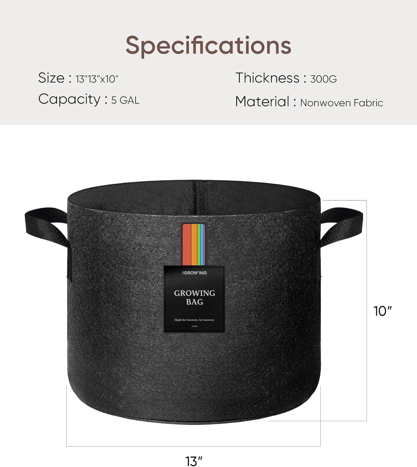 The Growing 5 Pack 5 Gallon Fabric Grow Bags,Thickened Aeration Nonwoven Fabric Plant Pots with Durable Handles,Heavy Duty 300G Planter Pot for Tomato, Fruits, Vegetables and Flowers, Black