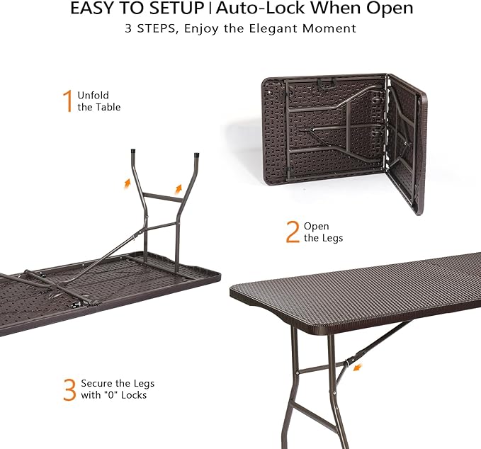 VINGLI 6 Foot Plastic Folding Table Portable Long Table for Indoor Outdoor Use Rectangular with Carrying Handle,Rattan Patterned HDPE Tabletop, Brown