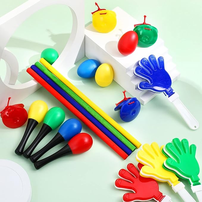 120 Pcs Musical Instruments Learning Percussion Toy Include 24 Plastic Egg Shakers 24 Hand Held Sand Hammers Maracas Rattle 24 Hand Clappers 24 Rhythm Sticks Wood Lummi Sticks 24 Finger Castanets