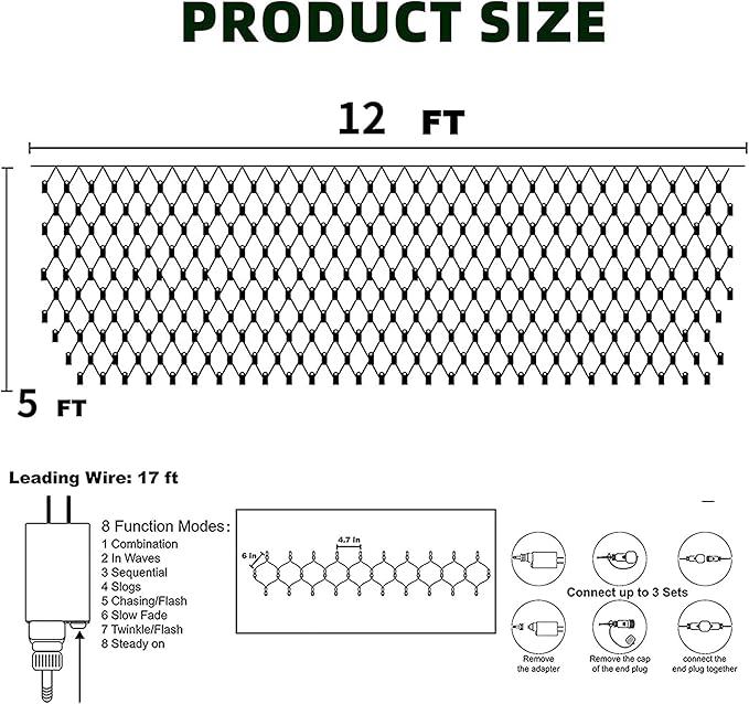 Dazzle Bright Christmas Net Lights, 360 LED 12FT x 5 FT Green Wire Waterproof Connectable String Lights with 8 Modes, Christmas Outdoor Lights for Bushes Garden Party Wedding Holiday Decoration (Blue)