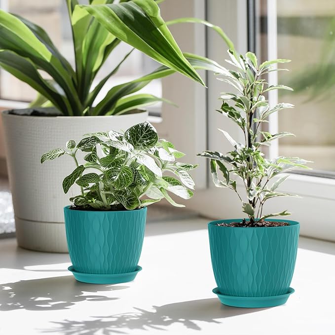 7 inch Flower Pots, 5 Pack Plant Pots with Drainage Holes and Saucers for Indoor Plants, Plastic Planters with Water Ripple for Small Garden House Plants, Nursery Pots for Succulent, Blue Green
