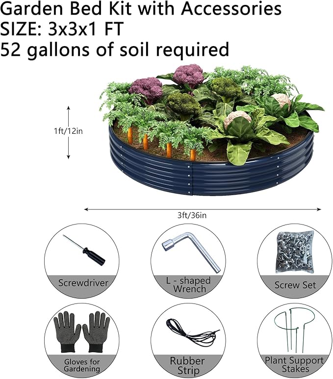 Galvanized Metal Planter Round Raised Garden Bed Kit for Gardening Outdoor,3x3x1ft Grow Garden Box Raised Flower Bed,Round Galvanized Planter Outdoor Large Metal Fire Pit Ring