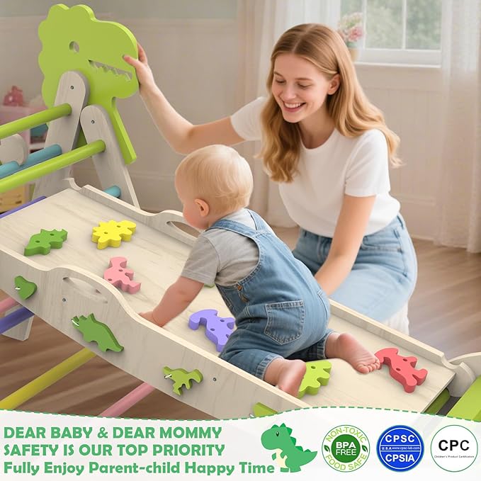 Pikler Triangle Set with Cushion, 12 in 1 Toddler Montessori Toys Indoor Baby Climbing Gym Pikler Triangle Climbing Set Wooden Toy Climbing Rope Ladder, Shape Sorter, Push Car 【Dinosaur Toys】
