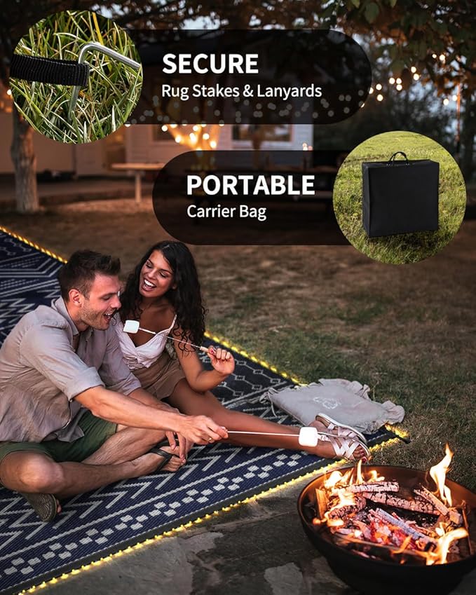 Outdoor Rug Carpet Waterproof 8x10 ft with LED Strip Lights-Patio Rug Mat Indoor Outdoor Rug for RV Camping Picnic Reversible Lightweight Plastic Straw Outside Rug for Patio Decor Decoration Boho Rug