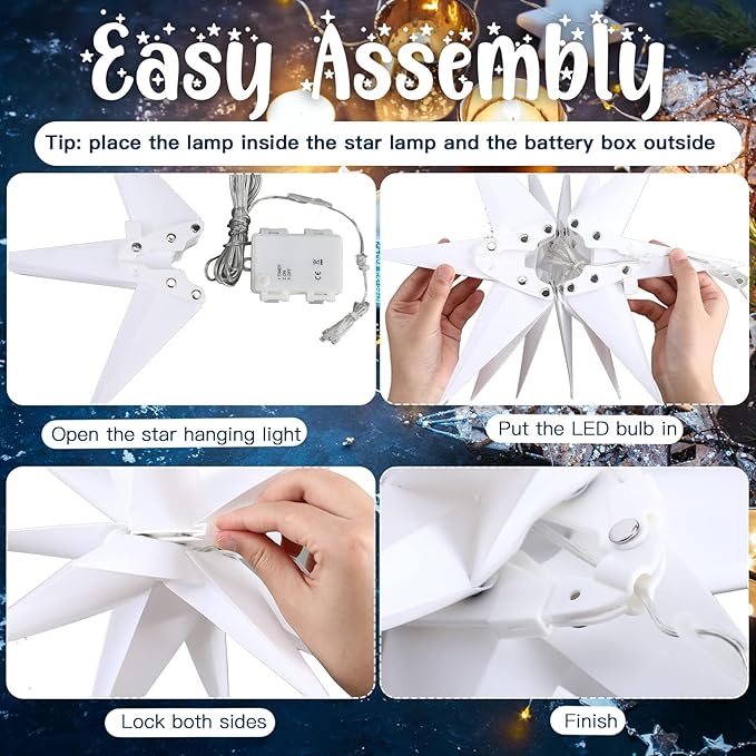 Kingdder 4 Pieces Moravian Star Light LED 3D Star Hanging Light Powered by Battery with Timer Function White Porch Lantern Holiday Decor for Indoor Outdoor Christmas Tree Balcony Courtyard (12 Inch)