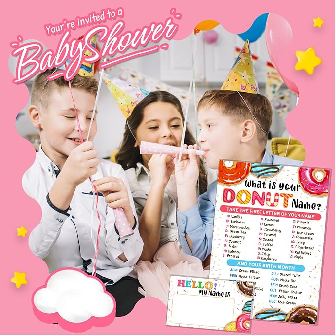 What is Your Donut Name Game, Game Sign and 30 Cards, Donut Birthday Party Sign for Girls, Wedding, Anniversary, Holiday Activity, Kids Donut Activity Cards