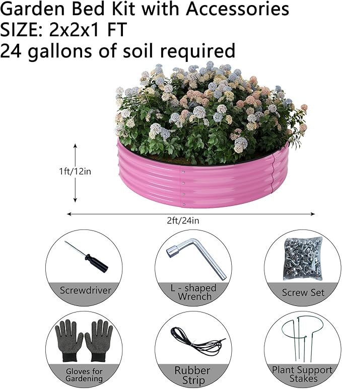 Galvanized Metal Planter Round Raised Garden Bed Kit for Gardening Outdoor,2x2x1ft Grow Garden Box Raised Flower Bed,Round Galvanized Planter Outdoor Metal Fire Pit Ring