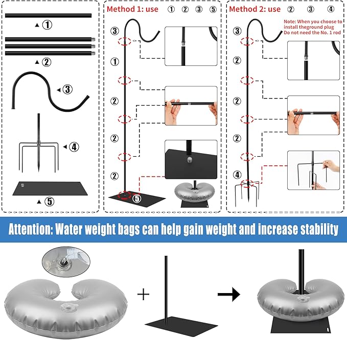 2 in 1 Hummingbird Feeder Stand, Adjustable 20-63 Inch Shepherds Hook for Outdoor Indoor, Wind Chime Stand Bird Feeder Pole with Base, 4 Prongs Base, Water Weight Bag(Wind Chime Not Include)