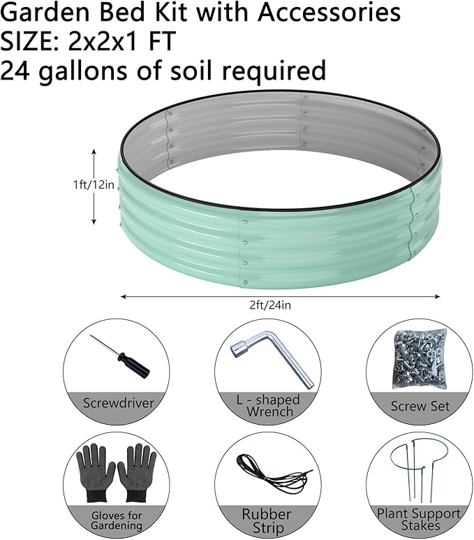 Galvanized Metal Planter Round Raised Garden Bed Kit for Gardening Outdoor,2x2x1ft 2PC Grow Garden Box Raised Flower Bed,Round Galvanized Planter Outdoor Metal Fire Pit Ring Green