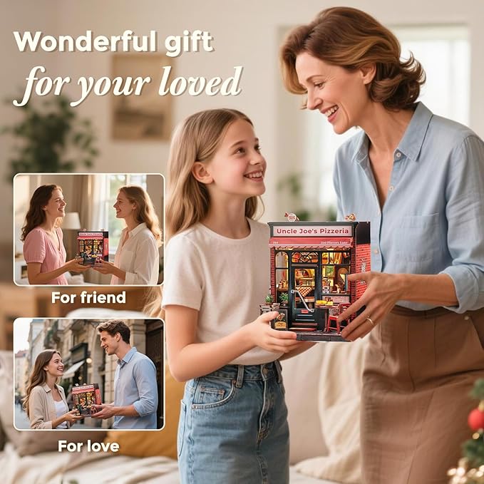 CUTEBEE Book Nook Kit - DIY Miniature House Dollhouse Kit for Adults and Teens, Booknook Tiny House Bookshelf 3D Wooden Puzzle, Gifts for Family (Uncle Joe's Pizzeria)