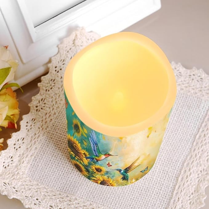 Ystardream Art Sunflower Hummingbird Flameless Candles for Outdoor Indoor Color Changing LED Candles with Remote Timer Battery Operated Candles for Valentines Wedding Home Decoration Gifts