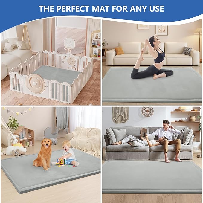 Baby Play Mat for Floor,1.3" Thick Memory foam Tummy Time Mat,Water Repellent Soft Velvet Nursery Rug,Extra Large Non Slip for Crawling,Toddlers,Infants,kids,Tatami Style for Living Room(Light Grey)