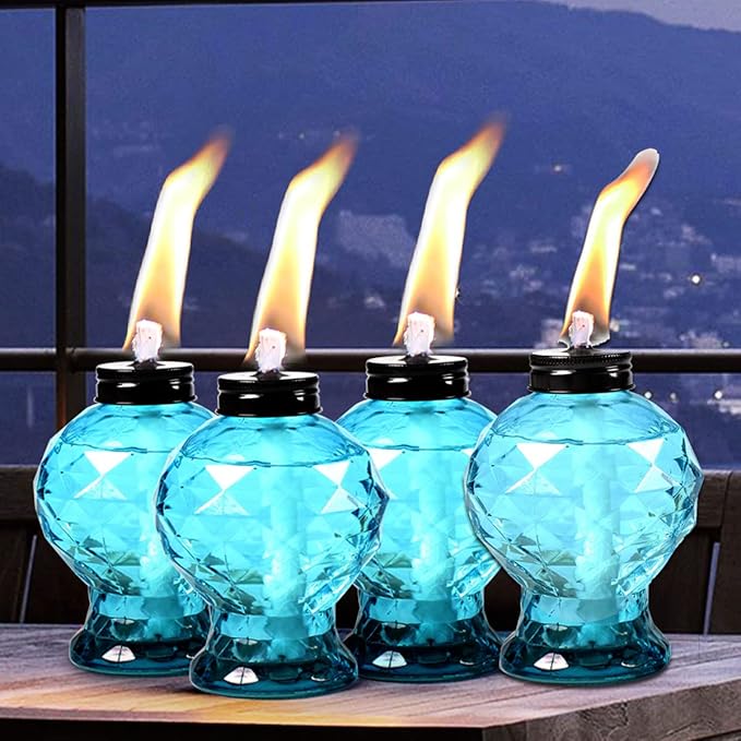 Tewei 4 Pack Blue Table Top Light Torches Outdoor, Mini Glass Torches Lanterns for Outside, Easy to Refill Citronella Torches for Garden Patio Yard Party