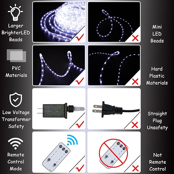 50Ft 600 LED Rope Lights Outdoor, White Flexible Tube Light Waterproof Plug in 8 Modes Timer Memory, Permanent String Lights for Tree,Pool, Bedroom, Fence, Garden, Indoor, Outside Decorations