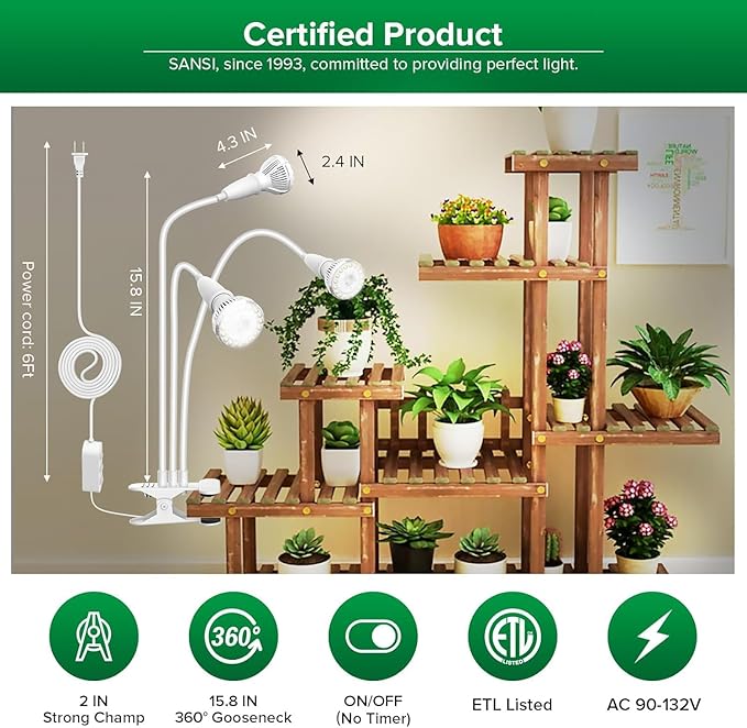 SANSI LED Grow Lights for Indoor Plants, 450W Full Spectrum Clip-on Gooseneck with Ceramic Tech. 30W Power Plant Light with Optical Lens for High PPFD, Lifetime Free Bulbs Replacement White