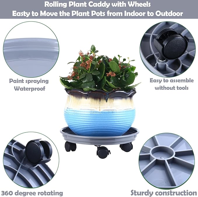 6 Packs Plastic Plant Caddy with Casters 12” Plant Dolly Heavy Duty Rolling Plant Stand with Wheels for Indoor and Outdoor Large Heavy Plant Pot Rollers, Black and Grey