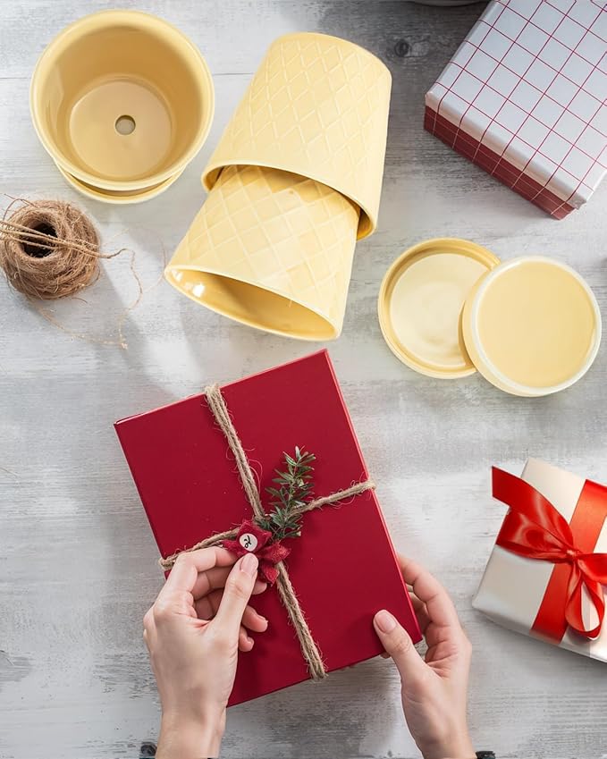 EFISPSS Ceramic Plant Pots, 5Inch Pots for Indoor Plants, Planters with Drainage Holes and Ceramic Tray, Flower Pots Desktop Office Windowsill Decoration Gift - Faint Yellow