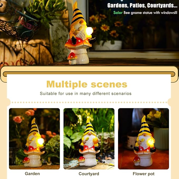 Solar Gnome on Mushroom Decor for Yard Decorations - 10 Inch Gnome Statue Decor for Outdoor,Perfect Garden Gifts for Women,Mom