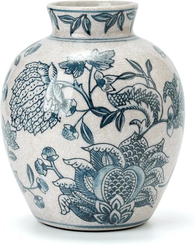 SIDUCAL Ceramic Chinoiserie Floral Vase | 6.3 Inch Blue and White Vintage | Retro Ice Cracked Blue and White Porcelain Vase for Table, Living Room, Bathroom Decoration, Shelf Decor, Mantel