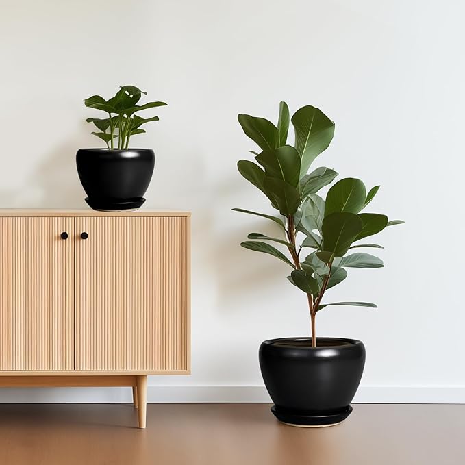 Ceramic Planters Pots - 10 Inch 8 Inch 6 Inch Plant Pots Indoor with Drainage Holes and Saucers Large Planters Mid-Century Flower Pots Outdoor Set of 3 Black