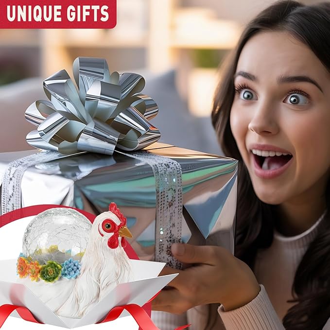 Solar Chicken Garden Statue Lights for Outdoor Decor with Cracked Glass LED Rooster Figurine Lighting Resin Succulent Hen Decorations for Patio Lawn Yard Home Housewarming Mom Wowen Gifts