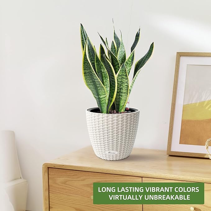 Dexceder 9x8 Inches Rattan Self Watering Planter Indoor Outdoor, Inner Pot Design, Thickened Table Flower Plant Pot with Water Level Indicator (Ivory White)