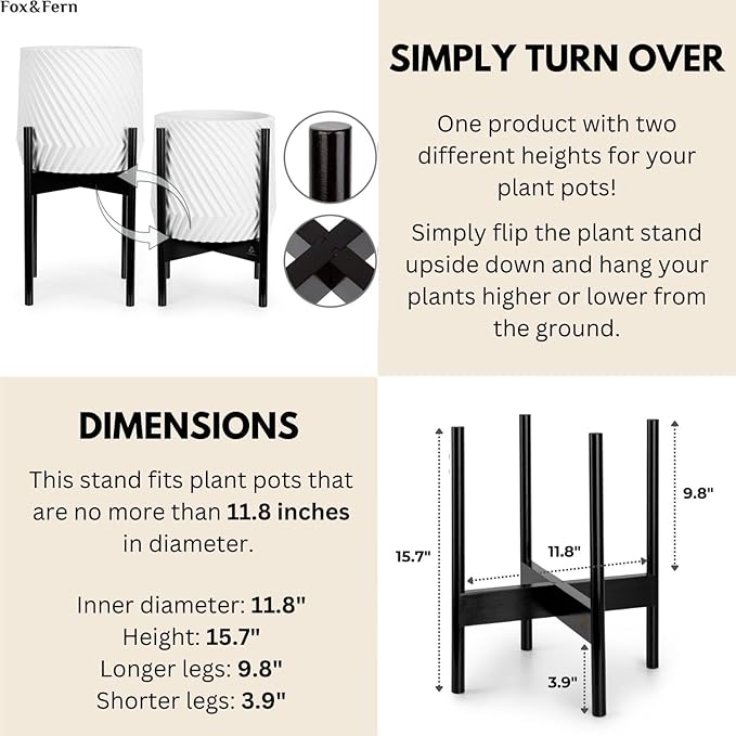 Fox & Fern Bamboo Plant Stand — 11.8 Inch Fixed Size Wooden Mid Century Plant Stand for Indoor Planters; Raised Large Flower Pot Holder for Indoor Big Pots; Plug In Design; Two Height Options - Dark Bamboo