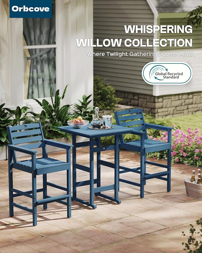 Tall Adirondack Chairs Set of 4, HDPE Wood Balcony Adirondack Chairs Set with Heart Cutout Design, Weather-Resistant Bar Height Furniture for Deck, Porch, Pool (Navy Blue)