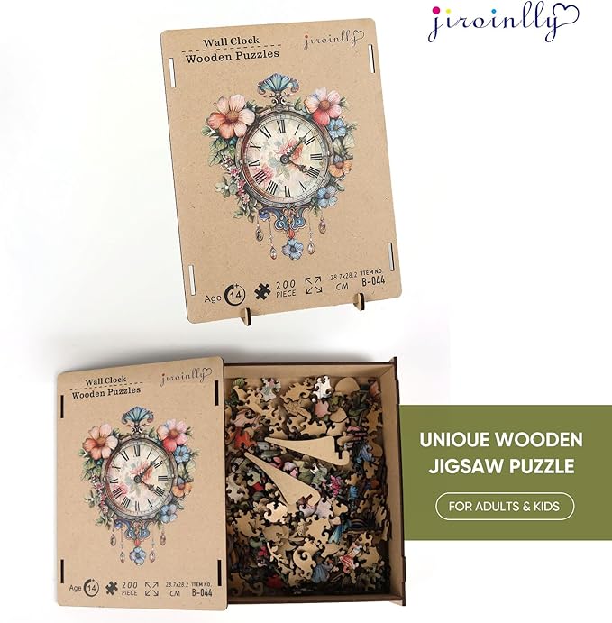 Jiroinlly Wooden Jigsaw Puzzles, Flower Clock Wooden Puzzles for Adults 200 Pieces, Unique Shaped Wood Puzzle, Beautiful Package, Best Gift Toys for Adults and Kids, Family Game,12.2'' x 10.6''