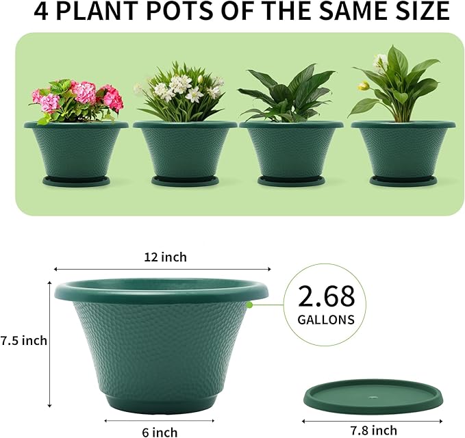 Quarut 12 Inch Plant Pot,4 Pack Large pots for Plants,Flower Pots with Drainage Hole & Saucer,Modern Planters for Indoor Outdoor Plants,Decorative Resin Garden Pots,Green