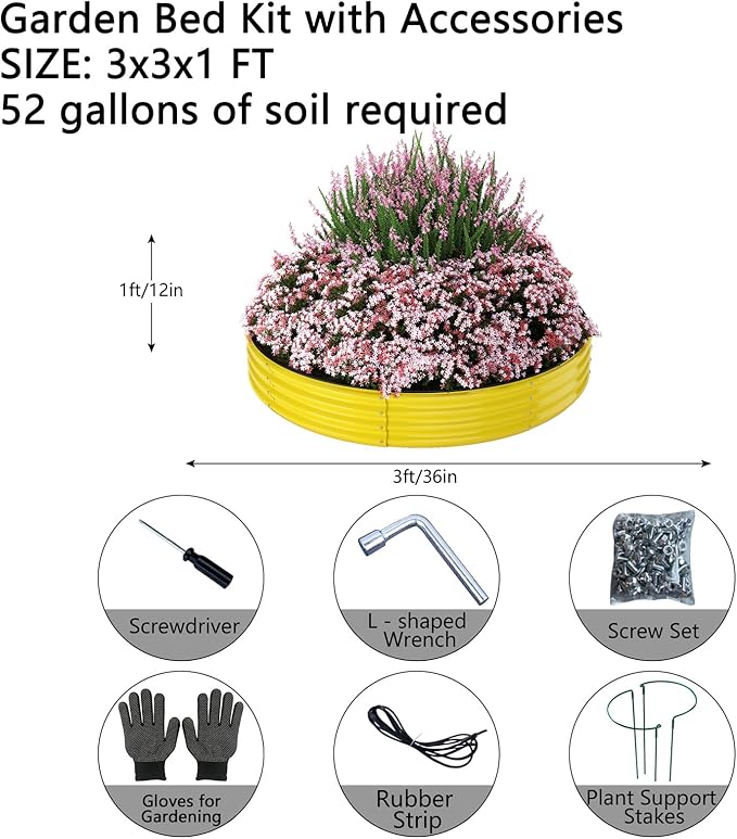 Galvanized Metal Planter Round Raised Garden Bed Kit for Gardening Outdoor,3x3x1ft Grow Garden Box Raised Flower Bed,Round Galvanized Planter Outdoor Large Metal Fire Pit Ring