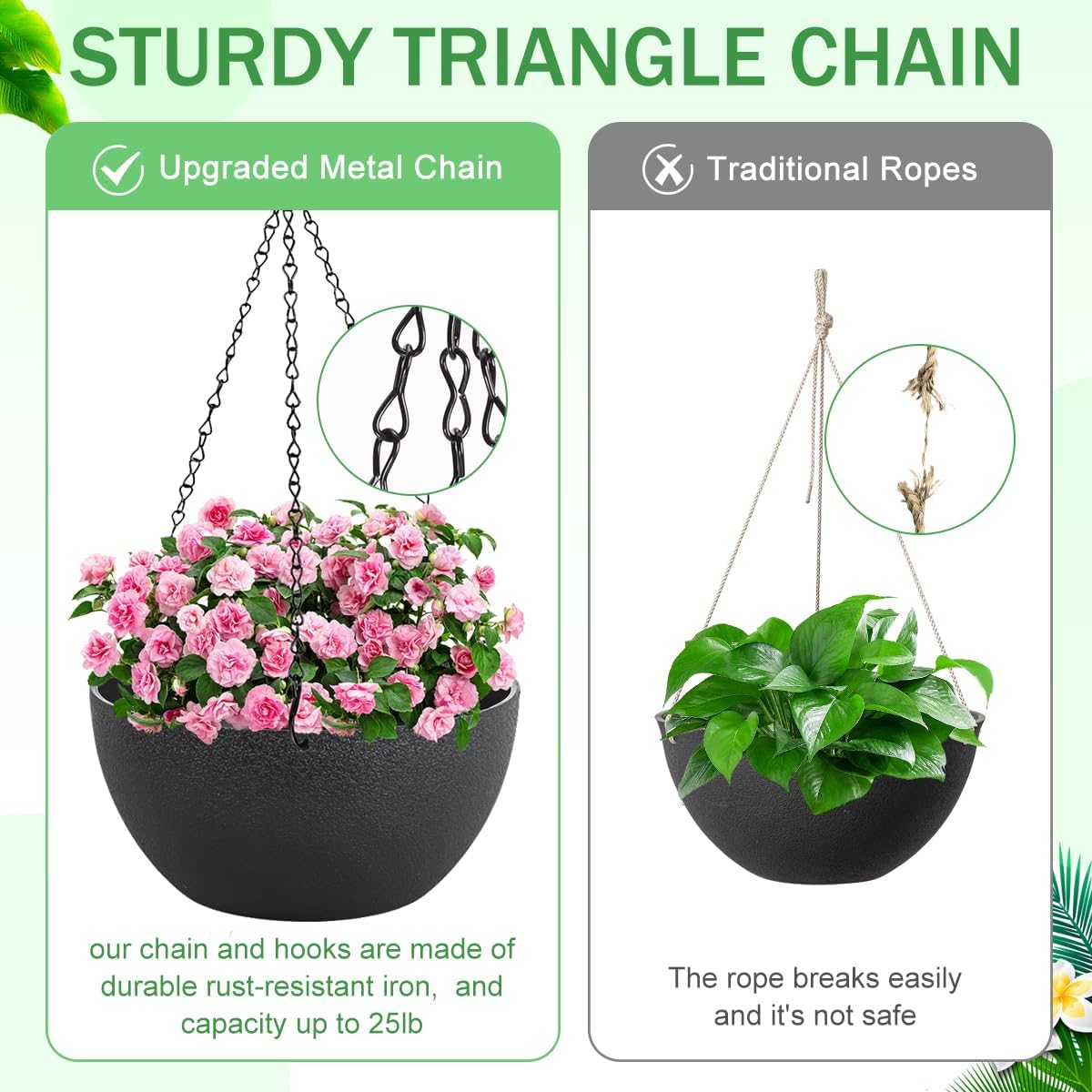 12 inch Hanging Planters for Indoor Plants, 2 Pack Planters for Outdoor Plants with Drainage Holes and Chain, Round Plastic Hanging Baskets, Hanging Flower Pots for Balcony Garden Decor-Black