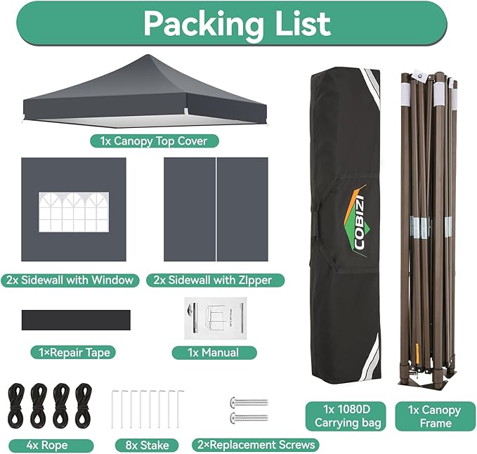 COBIZI 10x10 Pop Up Canopy Tent Heavy Duty with 4 Sidewall, Commercial Outdoor Easy Pop Up Gazebo for Party Wedding All Weather Waterproof UV 50+ with Carry Bag(Leg Upgraded),Gray