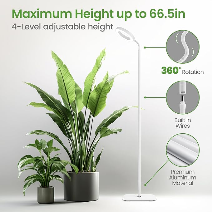 Grow Light for Indoor Plants, Floor Full Spectrum Plant Lights with Stand,Large Growing Lamps with Automatic Timer,60 Inch Height Adjustable,10 Level Dimmable,White Halo Led Growth Lamp