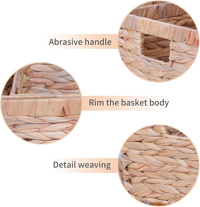 Storage Baskets,Woven Natural Water hyacinth Box with Handle,Kingwillow.(Set of 3)