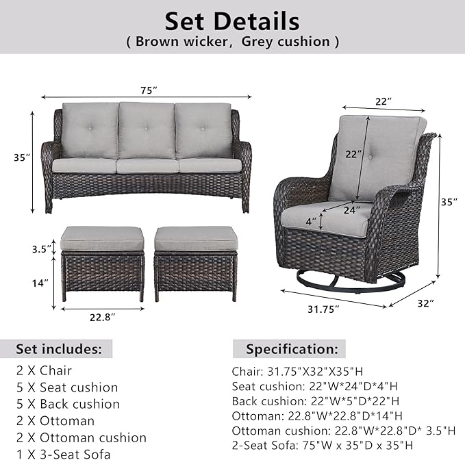 5 Piece Outdoor Patio Furniture Set - Wicker Furniture Patio Conversation Set, Outdoor Swivel Rocker Chairs with 3-Seater Sofa and 2 Ottomans for Small Space, Gray Cushion