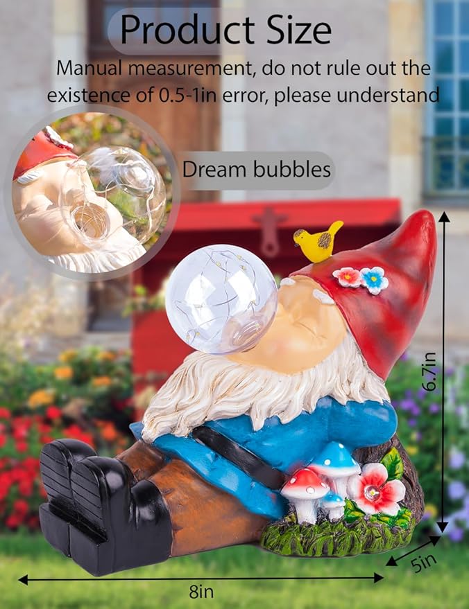 Solar Garden Statue Gnome Figurine Lights, Funny Sleepy Gnomes Dreaming, Outdoor Garden Decorations for Patio Porch,Gifts for Women Mum